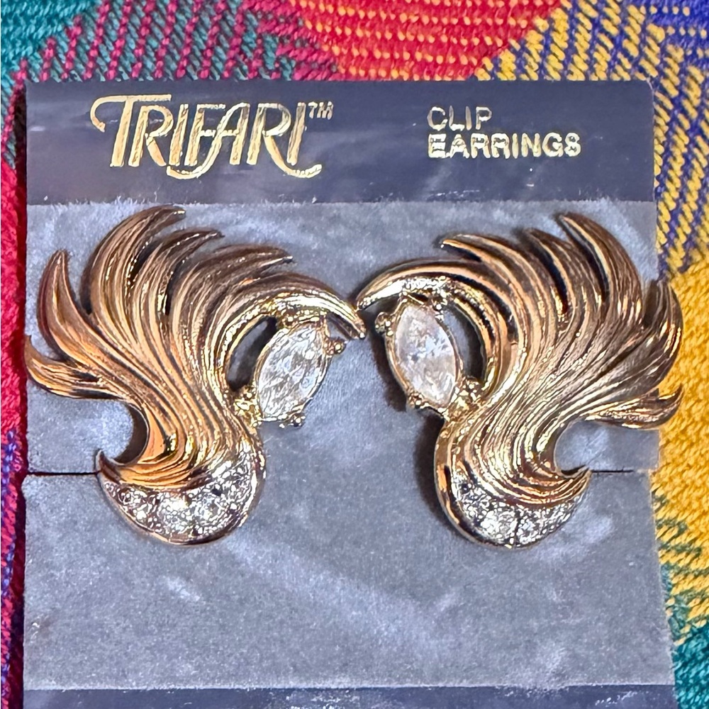 Trifari Art Noveau Gold And Crystal Clip Earrings